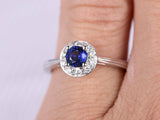 1ct Round Cut Blue Sapphire Engagement Ring 14k White Gold Finish Halo Solitaire