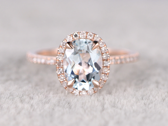 2.2ct Oval Cut Blue Aquamarine Halo Ring 14k Rose Gold Finish with Round Accents