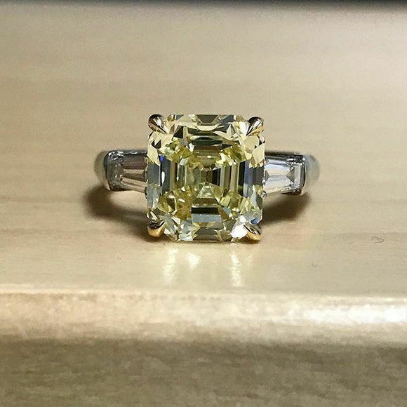 2.5Ct Asscher Cut Yellow Sapphire Trilogy Engagement Ring 18K White Gold Finish