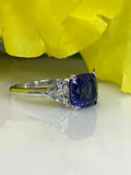 1.5ct Cushion Cut Blue Sapphire Three Stone Engagement Ring 14k WhiteGold Finish