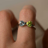 1.2ct Engagement Ring Heart Cut Peridot & Aquamarine Bow Knot 14k WhiteGold Over