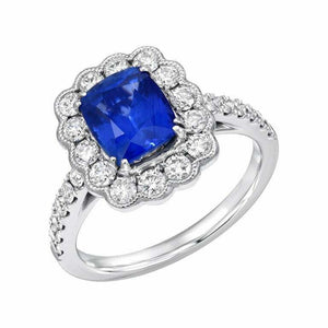 2ct Cushion Cut Blue Sapphire Engagement Ring Halo Vintage 14k White Gold Finish