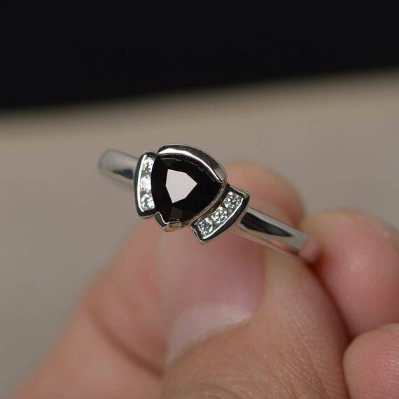 Unique Design Engagement Ring 1ct Trillion Black Diamond 14k White Gold Finish