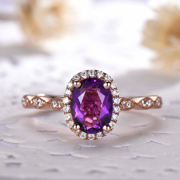 1.5ct Oval Cut Purple Amethyst Engagement Ring Diamond Halo 14k Rose Gold Finish