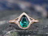 2.1Ct Pear Cut Green Emerald Halo Stylish Engagement Ring 14K Rose Gold Finish