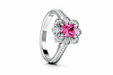 2.1ct Radiant Cut Pink Sapphire Milgrain Vintage Halo Ring 14k White Gold Finish