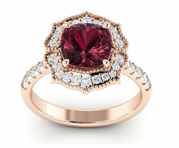 2ct Cushion Red Garnet Milgrain Floral Halo Engagement Ring 14k Rose Gold Finish