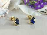 1ct Pear Cut Blue Sapphire Crown Teardrop Stud Earrings 14k Yellow Gold Finish