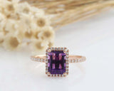 1.6ct Emerald Cut Purple Amethyst Engagement Ring Diamond Halo 14k RoseGold Over