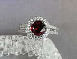 2ct Round Cut Red Garnet Halo Split Shank Engagement Ring 14k White Gold Finish