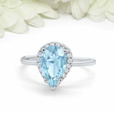 3ct Pear Aquamarine Engagement Ring Diamond Halo Minimalist 14k WhiteGold Finish