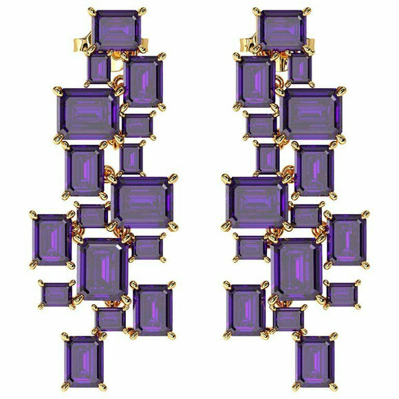 10ct Emerald Cut Purple Amethyst Cocktail Drop Earrings 14k Yellow Gold Finish