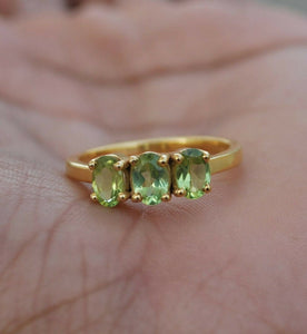 2ct Engagement Ring Oval Cut Green Peridot Solitaire Trilogy 14k YellowGold Over