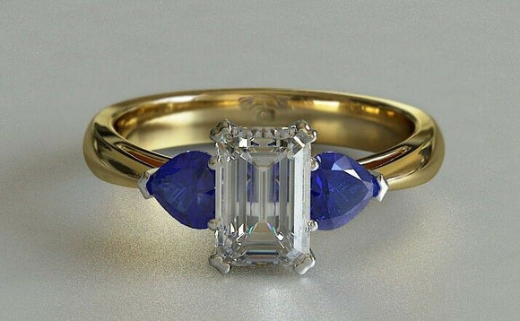 2ct Emerald Cut Diamond Engagement Ring Blue Sapphire Accent 14k YellowGold Over