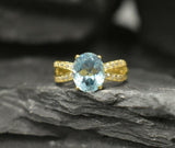 1.6ct Engagement Ring Oval Cut Blue Aquamarine Split Shank 14k YellowGold Finish