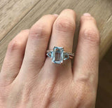 2.7ct Emerald Cut Blue Aquamarine Engagement Ring Bridal Set 14k RoseGold Finish