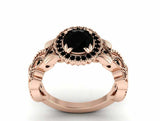 Milgrain Halo Engagement Ring 2.2ct Round Cut Black Diamond 14k Rose Gold Finish