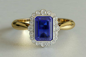 2.3ct Emerald Cut Blue Sapphire Engagement Ring Diamond Halo 14k YellowGold Over