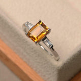 2ct Emerald Cut Yellow Citrine Engagement Ring Three Stone 14k White Gold Finish