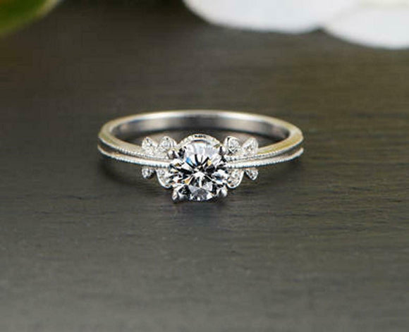 1.2ct Round Cut Diamond Engagement Ring Butterfly Accent 14k White Gold Finish