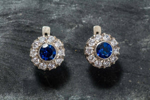 2.3ct Stud Earrings Round Cut Blue Sapphire Halo Cluster 14k White Gold Finish