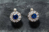 2.3ct Stud Earrings Round Cut Blue Sapphire Halo Cluster 14k White Gold Finish