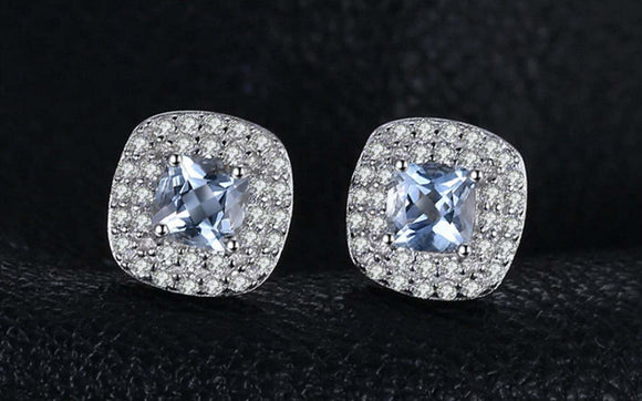 2.5ct Stud Earrings Cushion Cut Aquamarine Diamond Dual Halo 14k White Gold Over