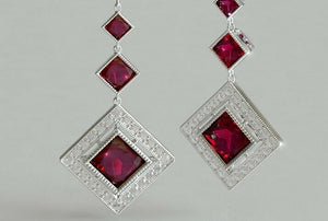 2.5ct Princess Cut Pink Ruby Milgrain Halo Drop Earrings 14k White Gold Finish