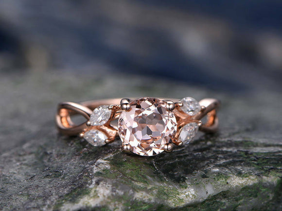 1.2Ct Round Cut Peach Morganite Leaf Accent Engagement Ring 14K Rose Gold Over