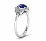 2.2ct Round Cut Blue Sapphire Flower Milgrain Halo Ring 14k White Gold Finish