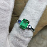 2ct Engagement Ring Green Emerald Cut Sapphire Accent Trilogy 14k WhiteGold Over