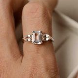 2ct Emerald Cut Peach Morganite Pear Accents Trilogy Ring 14k White Gold Finish