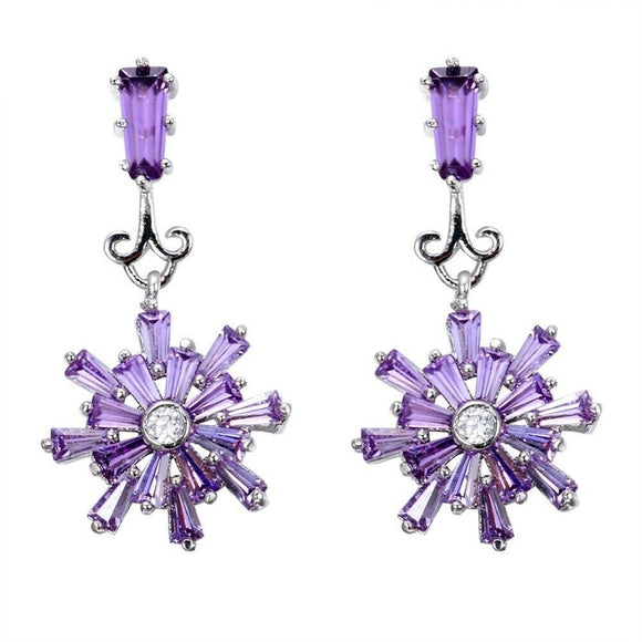 2.2ct Baguette Purple Amethyst Unique Snowflake Drop Earrings 14k WhiteGold Over