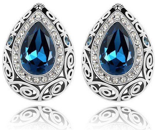 2ct Pear Cut Blue Sapphire Antique Vintage Stud Earrings 14k White Gold Finish