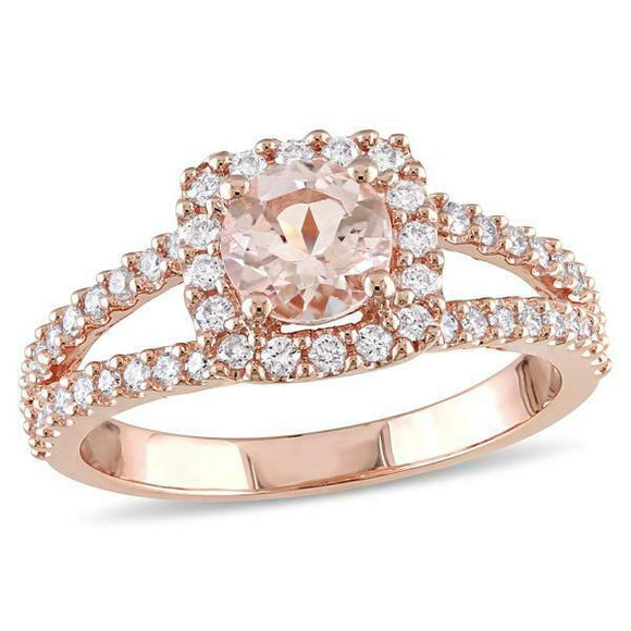 2Ct Round Cut Peach Morganite Diamond Split Shank Halo Ring 14K Rose Gold Finish