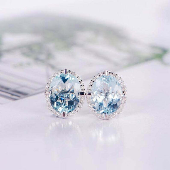 2.2ct Oval Cut Blue Aquamarine Diamond Halo Stud Earrings 14k White Gold Finish