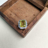 2.7ct Emerald Cut Yellow Citrine Blue Sapphire Halo Ring 14k White Gold Finish