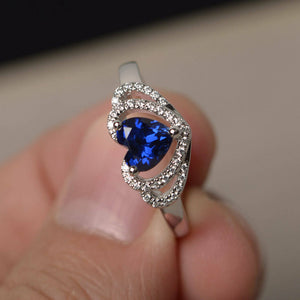 2ct Heart Cut Blue Sapphire Double Heart Engagement Ring 14k White Gold Finish