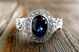 3Ct Oval Cut Blue Sapphire Vintage Halo Engagement Ring 14K White Gold Finish