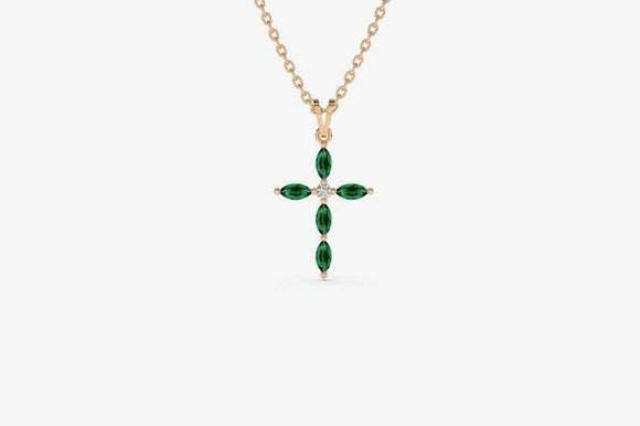 1ct Green Emerald Pendant with Chain Marquise Cut Holy Cross 14k Rose Gold Over