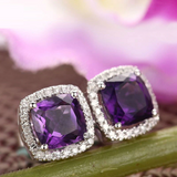 2ct Cushion Cut Purple Amethyst Halo Diamond Stud Earrings 14k White Gold Finish