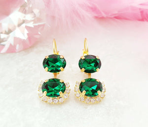 3ct Dual Oval Cut Green Emerald Trendy Drop Women Earring 14k Yellow Gold Finish