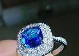 2ct Cushion Cut Blue Sapphire Engagement Ring 14k White Gold Finish Double Halo