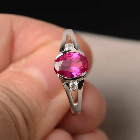 1ct Oval Cut Pink Ruby Trilogy Wedding Engagement Ring 18k White Gold Finish