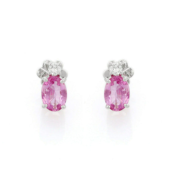 1.56ct Stud Earrings Oval Cut Pink Sapphire Diamond Petite 14k White Gold Finish