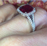 1.9ct Cushion Cut Red Ruby Split Shank Band Engagement Ring 14k WhiteGold Finish