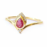 1.5ct Pear Cut Pink Ruby Wedding Band Curved Chevron Crown 14k YellowGold Finish