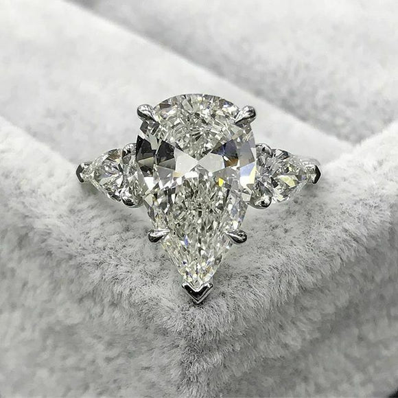 3Ct Pear Cut Diamond Three Stone Solitaire Engagement Ring 18K White Gold Finish