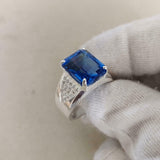 3ct Engagement Ring Emerald Cut Blue Sapphire Wide V Shank 14k White Gold Finish