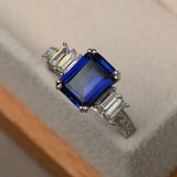 2.2ct Emerald Cut Blue Sapphire Engagement Ring Five Stone 14k White Gold Finish